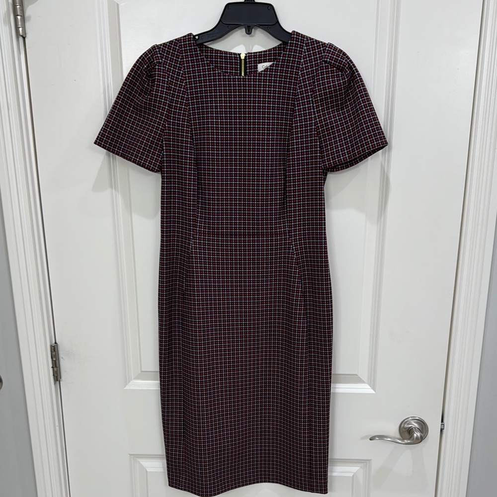 Black and Red Sheath Dress with Cap Puff Sleeves and Crew Neck for Cocktail